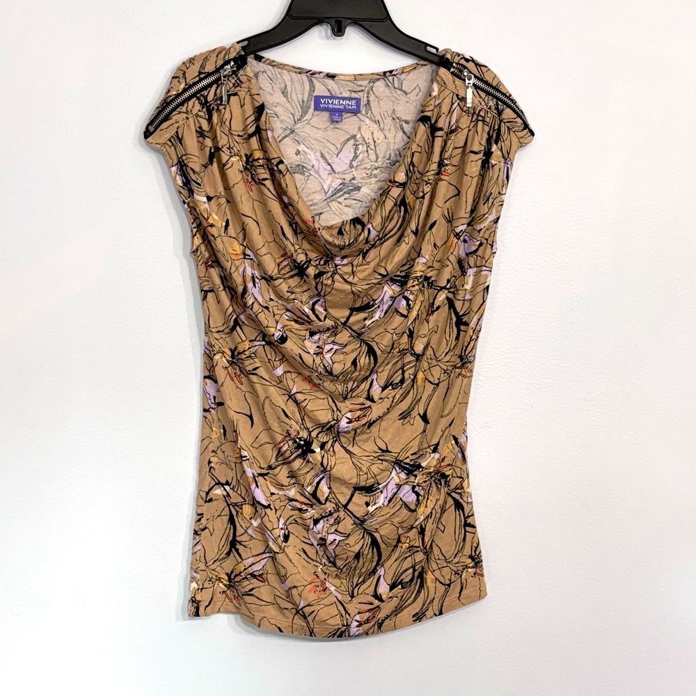 Vivienne Tam | Women’s Cowl Neck Zipper Accents Brown Sleeveless Blouse Size S